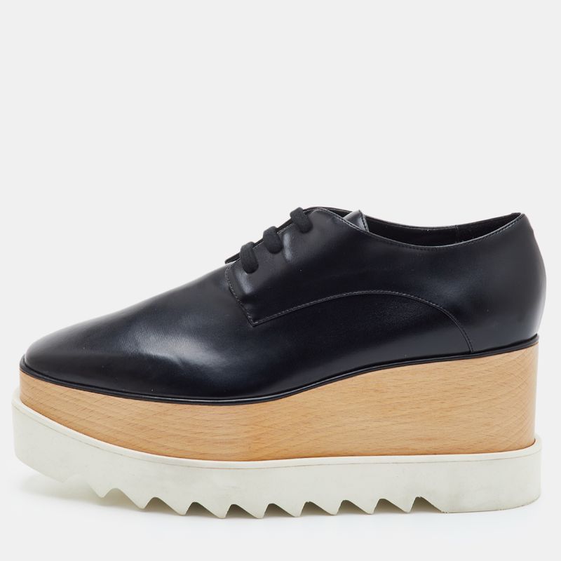 Stella Mccartney Elyse Size 38 Black Faux Leather Platform Derby Sneakers